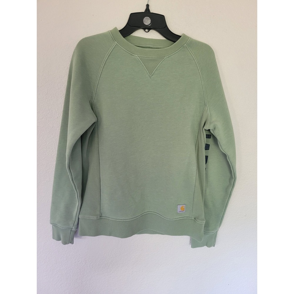 Carhartt Womens XS Relaxed Fit Sweatshirt Green Sleeve Logo Crew Neck Raglan #13